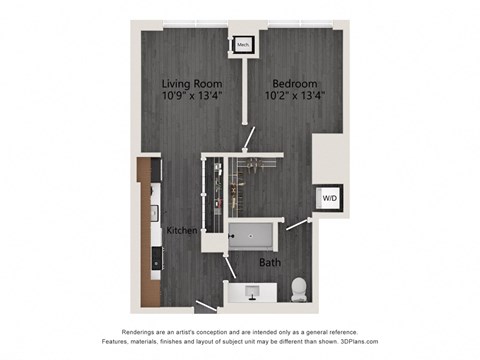 Floor plan for 1 bed, 1 bath, 637 sqft